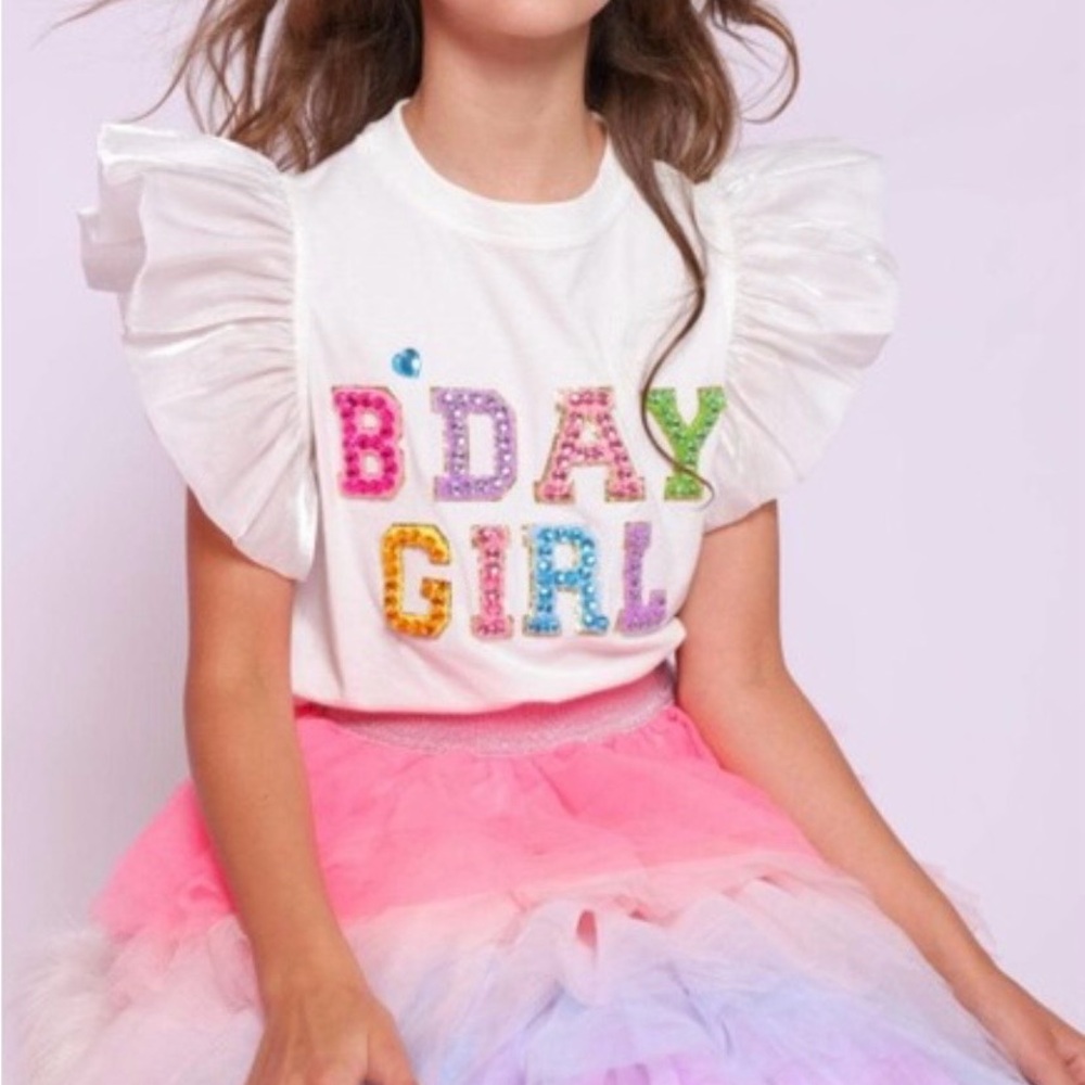White Ruffle Sleeve Gem Lettering Tee
